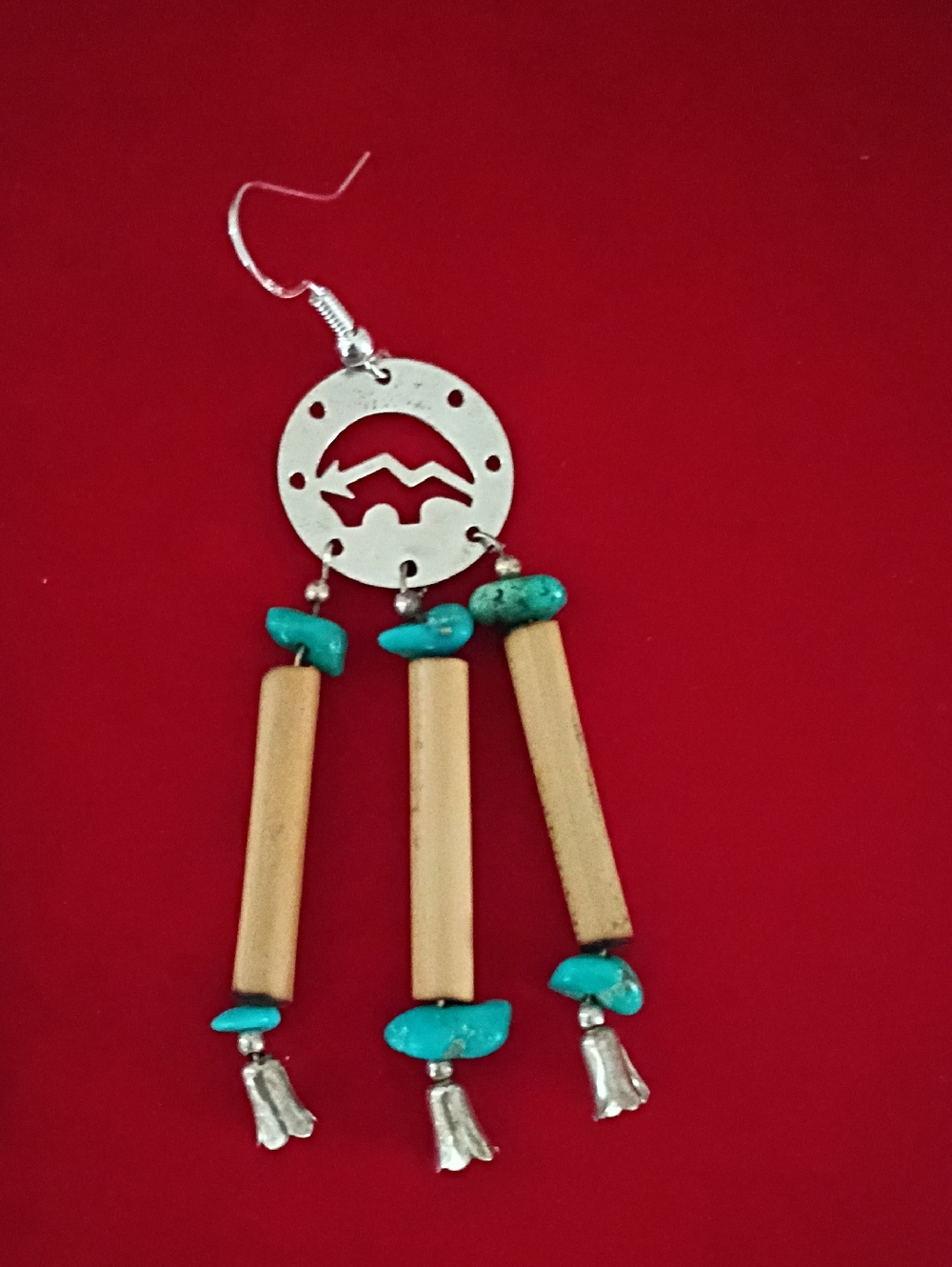 Native American Earrings  Silver Pllated Buffalo, Tulip And Turquoise Beads - Picture 10 of 11